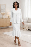 Hosanna modest 3-piece outfit set, white long-sleeve jacket and midi skirt