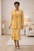 Gold modest 3-piece outfit set with blazer jacket and layered skirt