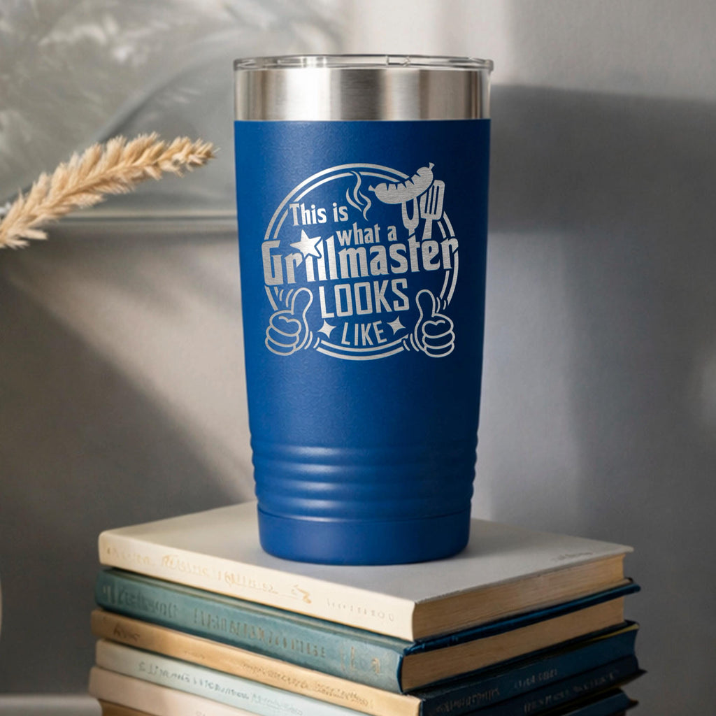 Blue insulated stainless steel tumbler with Grillmaster logo and clear lid
