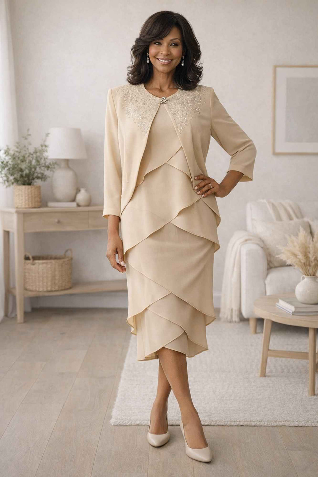 Beige three-piece modest outfit set with long-sleeve jacket and layered ankle-length skirt