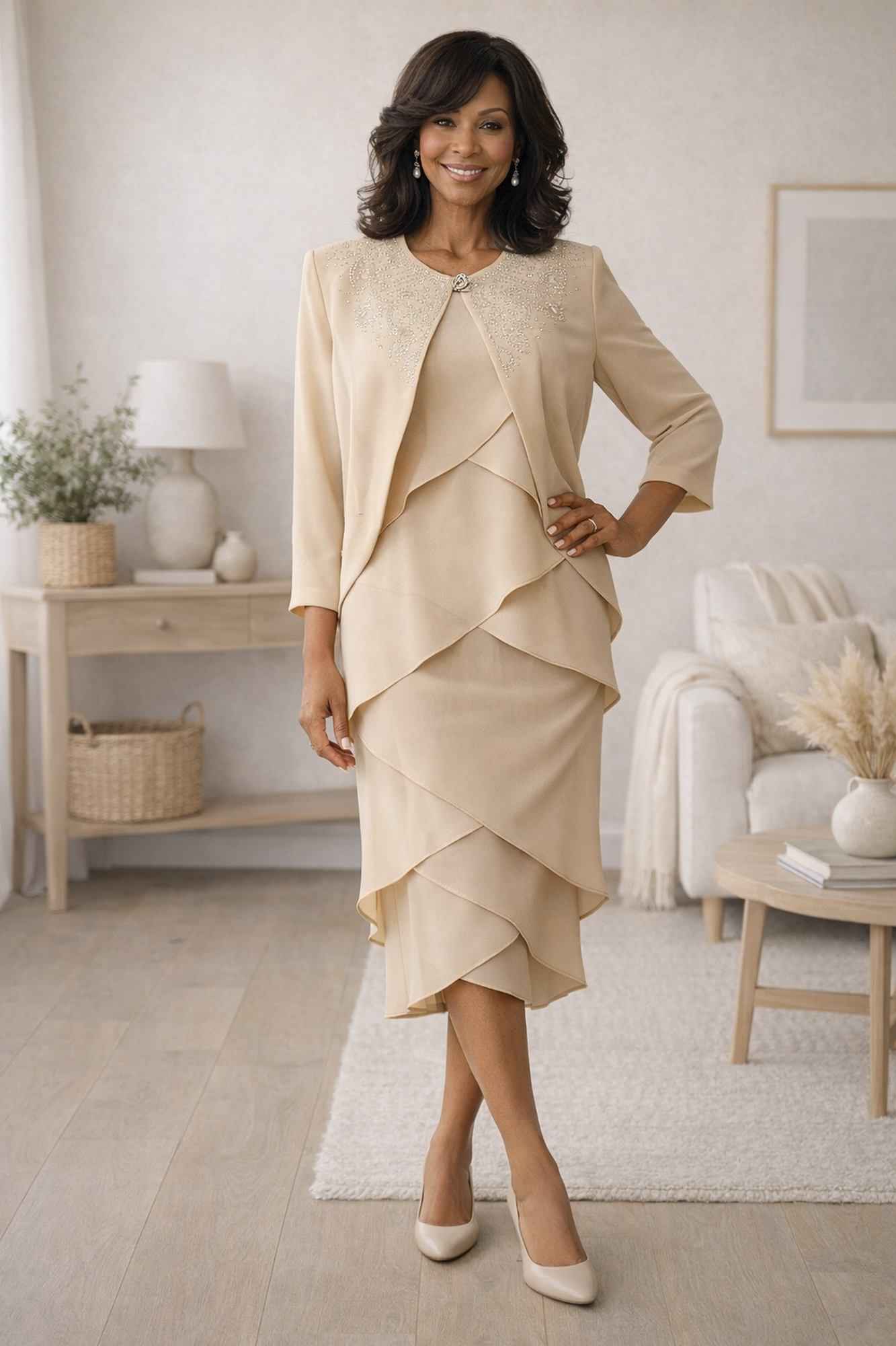 Beige three-piece modest outfit set with long-sleeve jacket and layered ankle-length skirt