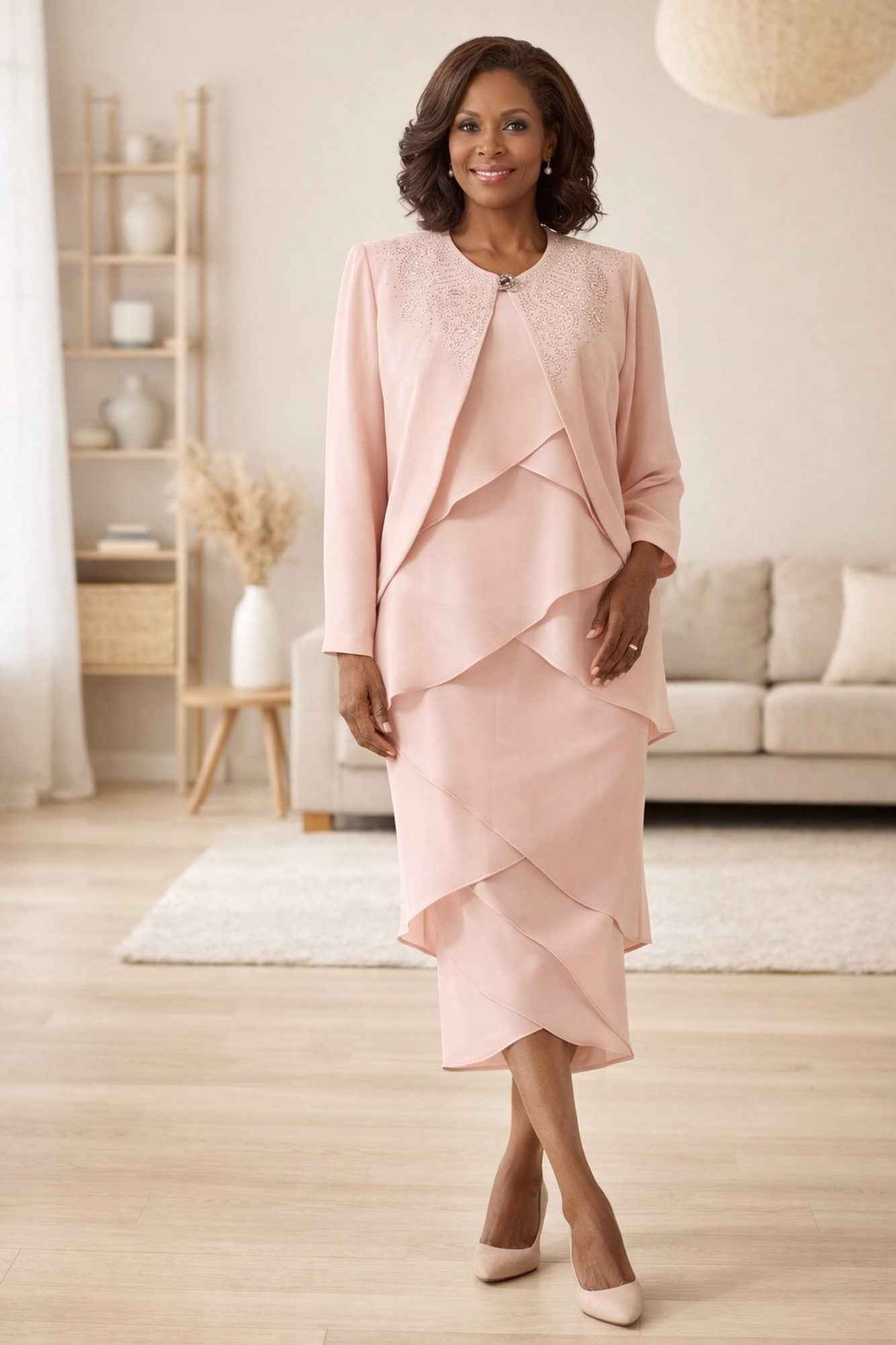 Blush pink three-piece modest outfit set with long-sleeve jacket and layered ankle-length skirt