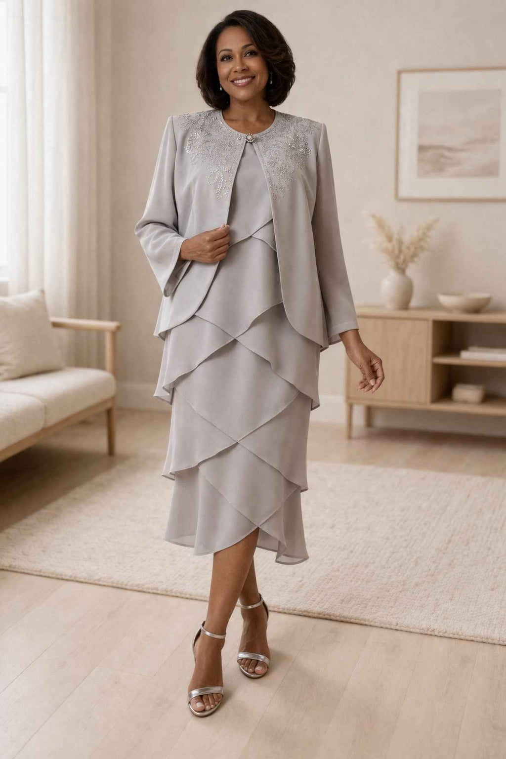 Silver three-piece modest outfit set, long-sleeve jacket and layered ankle-length skirt