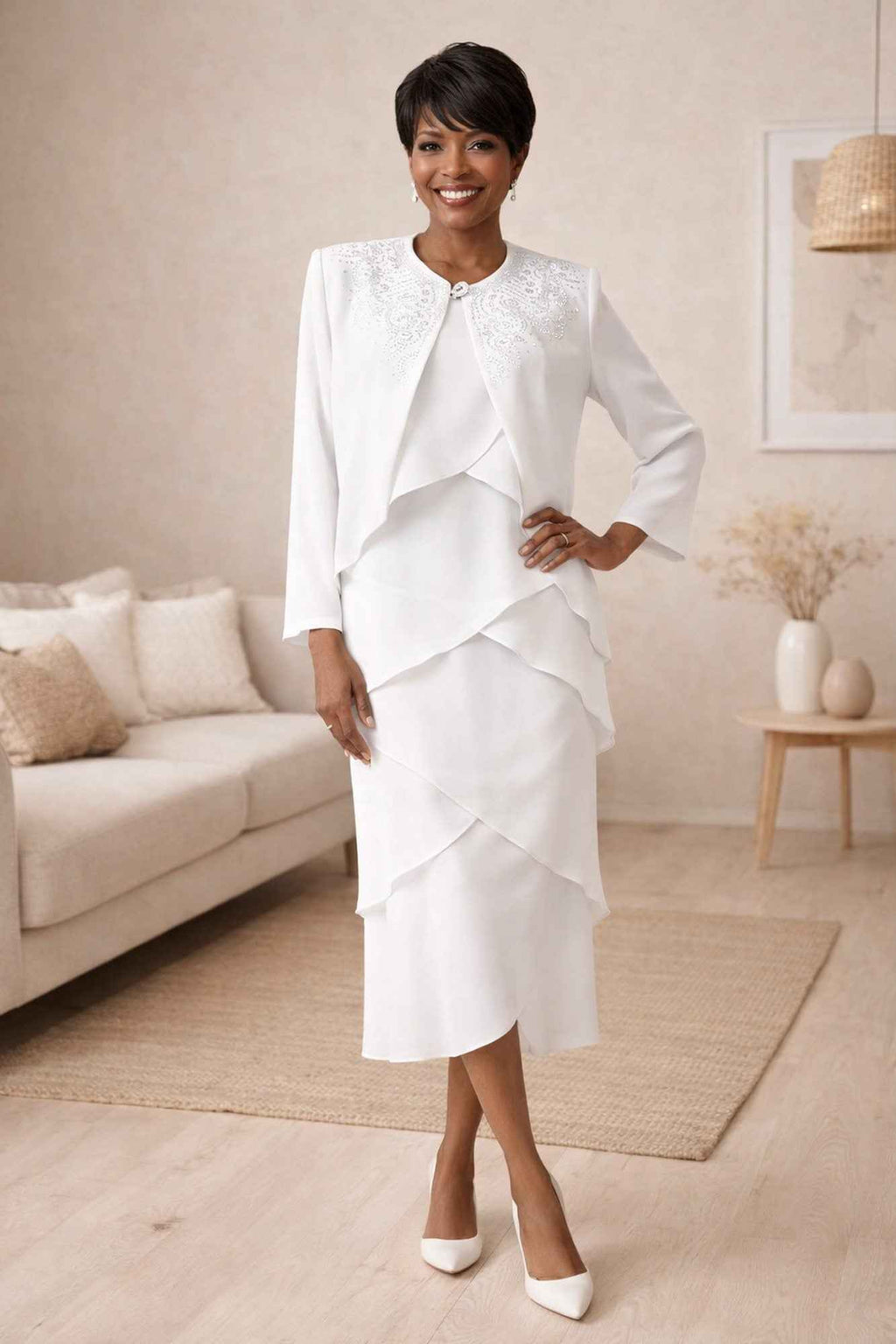 White three-piece modest outfit set with long-sleeve jacket and layered ankle-length skirt