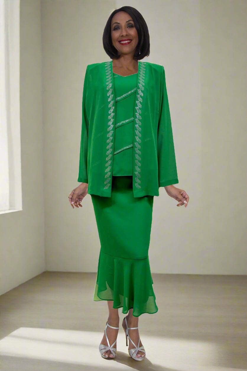 Three-piece modest outfit set in kelly green: jacket, tank-style top, and ankle skirt
