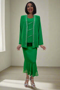 Three-piece modest outfit set in kelly green: jacket, tank-style top, and ankle skirt
