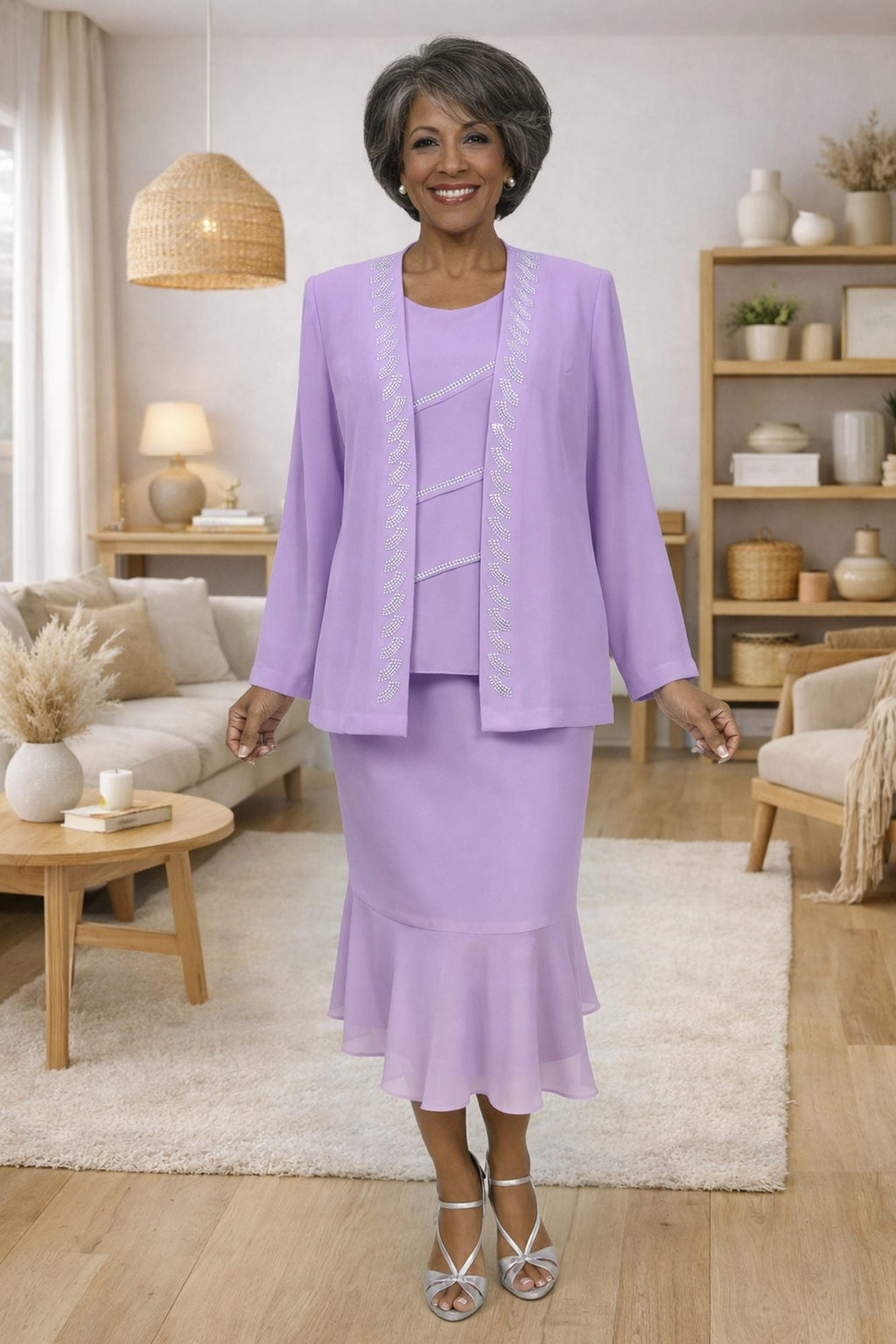 Three-piece modest outfit set in lavender: jacket, camisole top, and ankle-length skirt