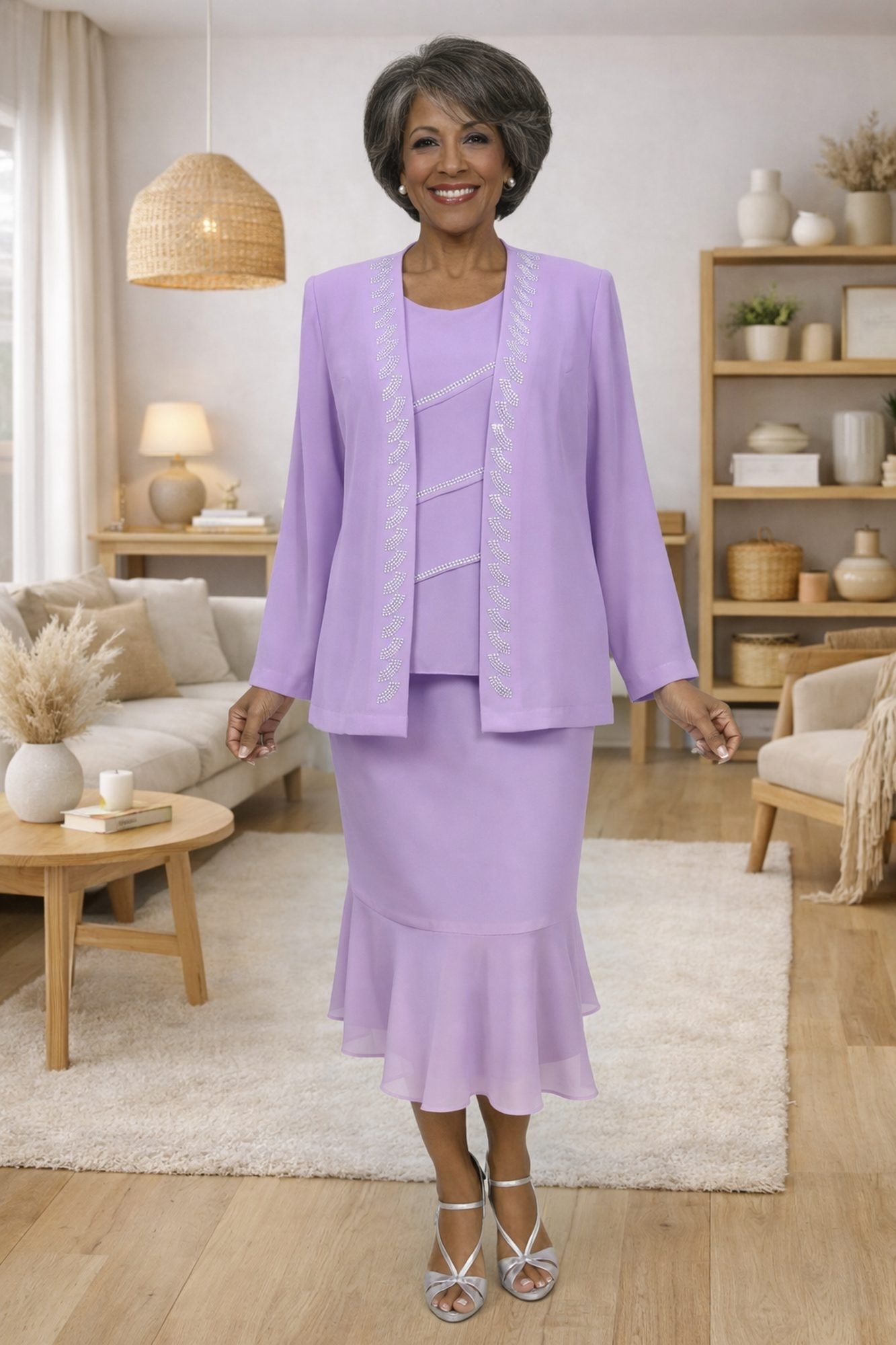 Three-piece modest outfit set in lavender: jacket, camisole top, and ankle-length skirt