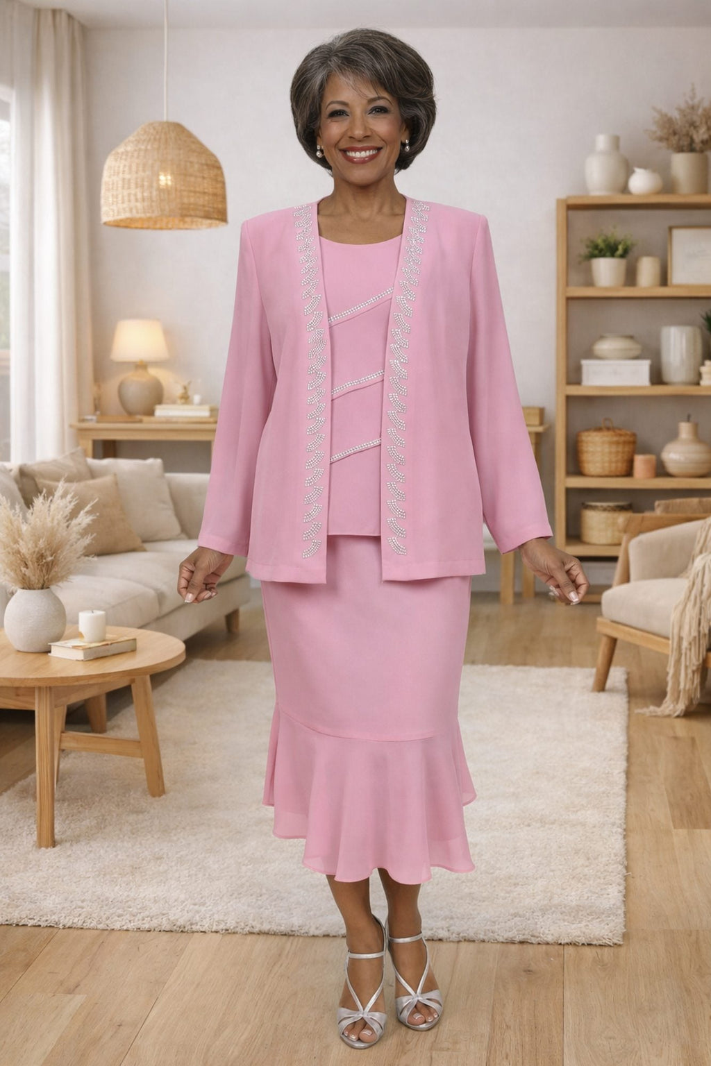 Three-piece modest outfit set in pink: jacket, camisole top, and ankle-length skirt