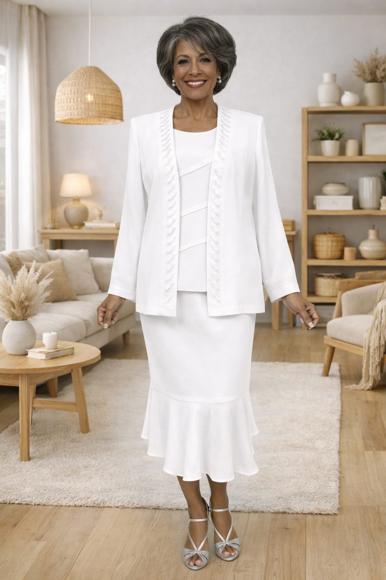 Three-piece modest outfit set in white: jacket, camisole top, and ankle-length skirt