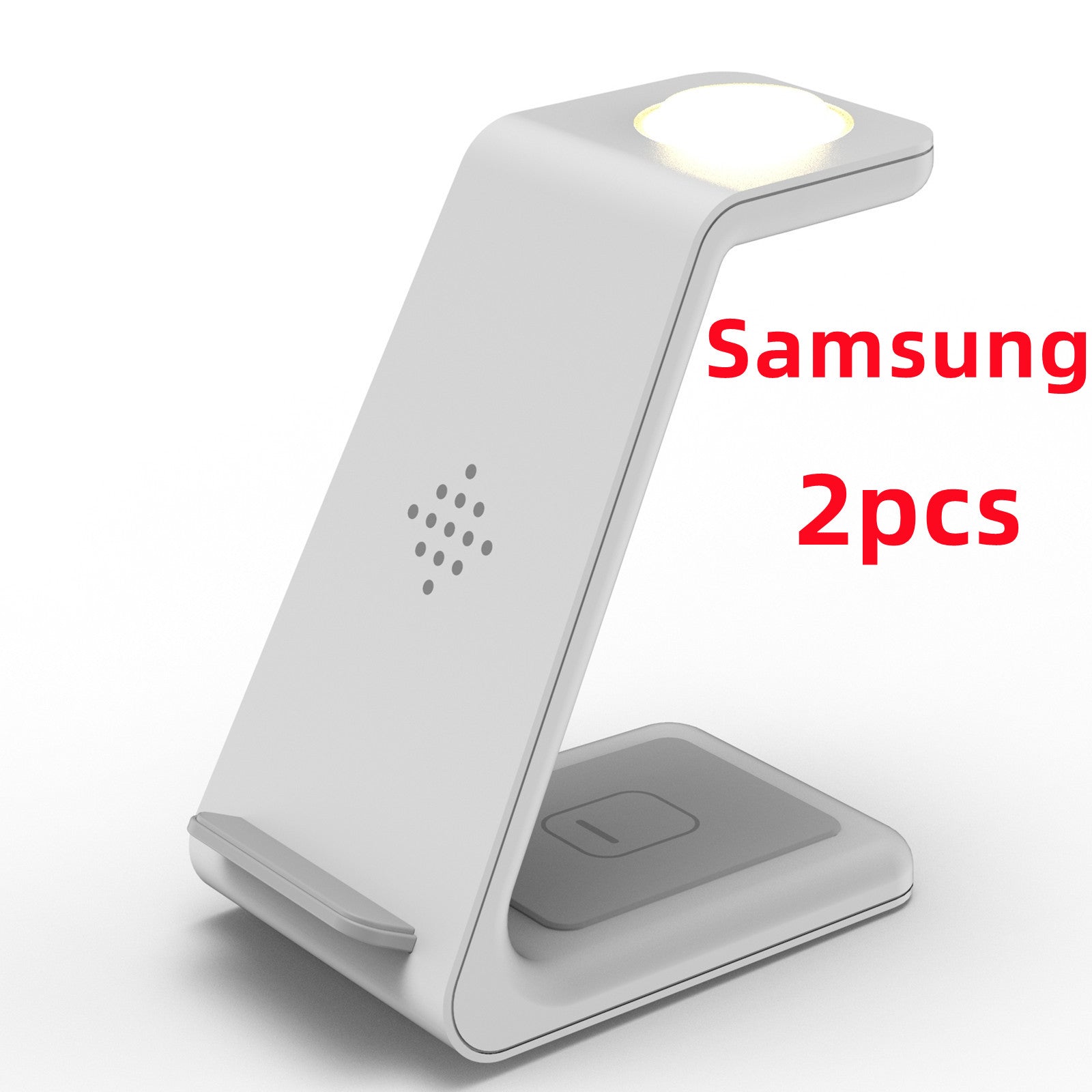 Wireless charging stand with angled phone holder, white base and glowing top indicator light