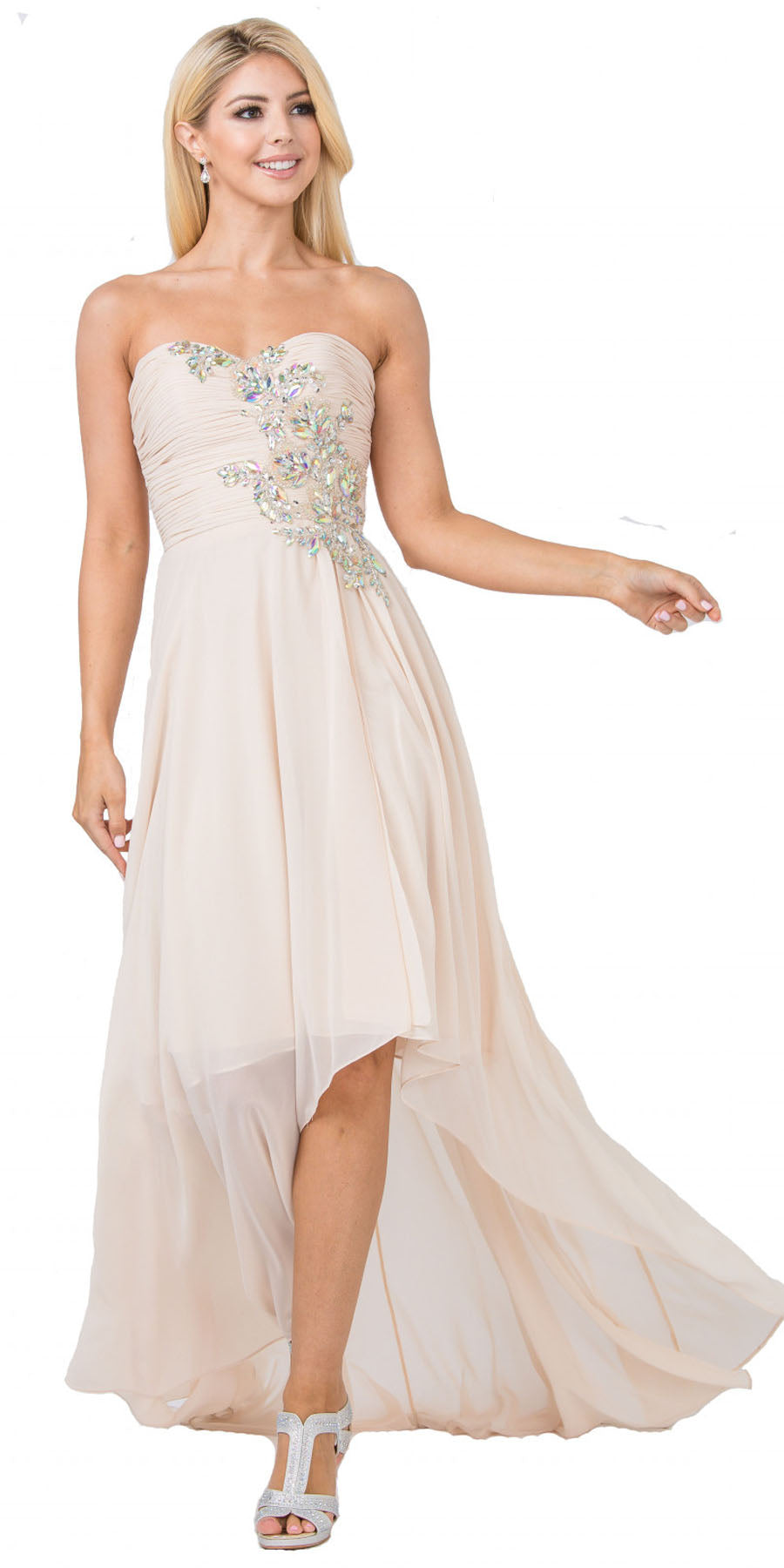 Beige strapless prom dress with embellished bodice and high-low chiffon skirt
