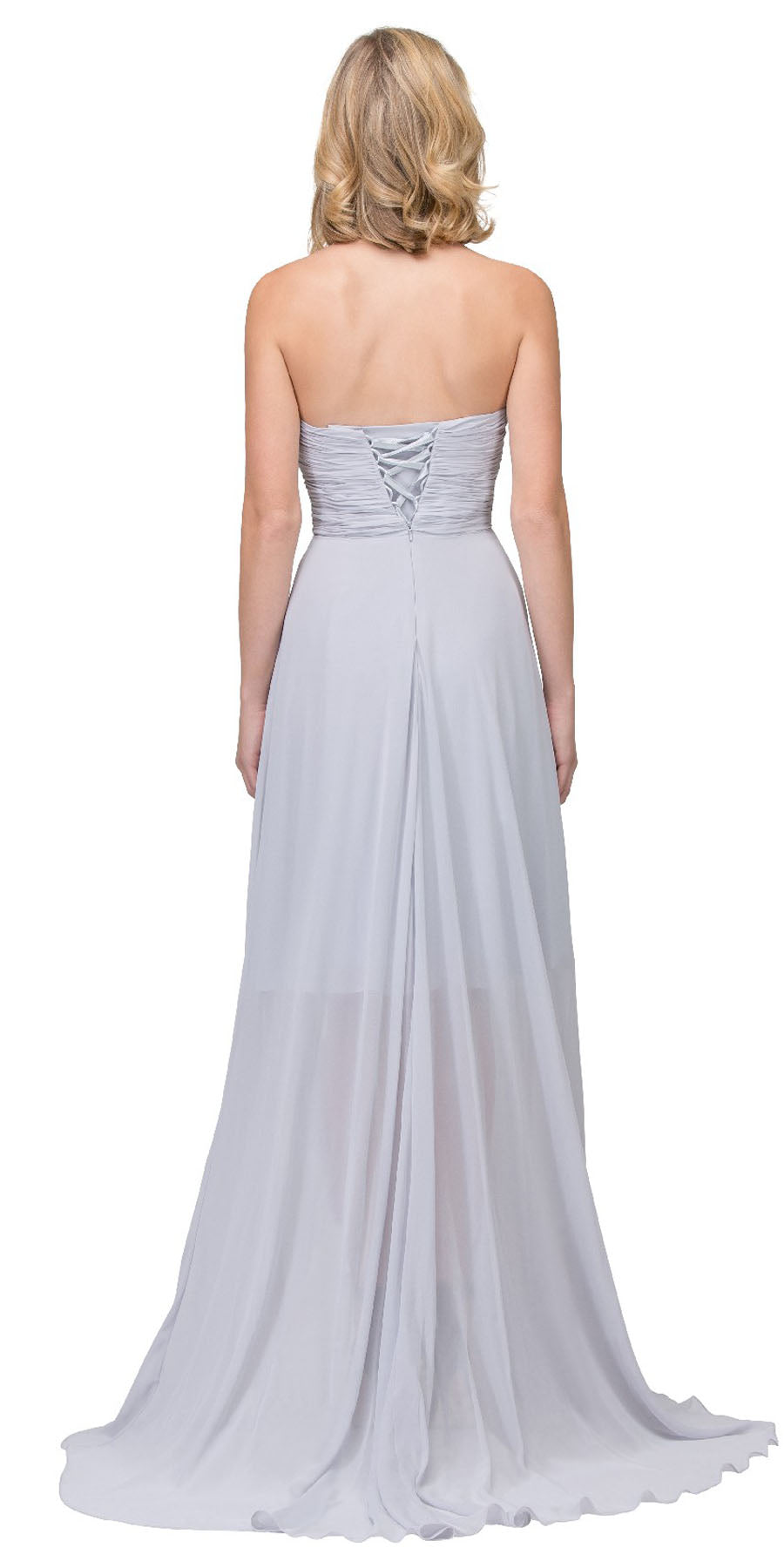 Light blue strapless prom dress, ruched back and draped high-low skirt