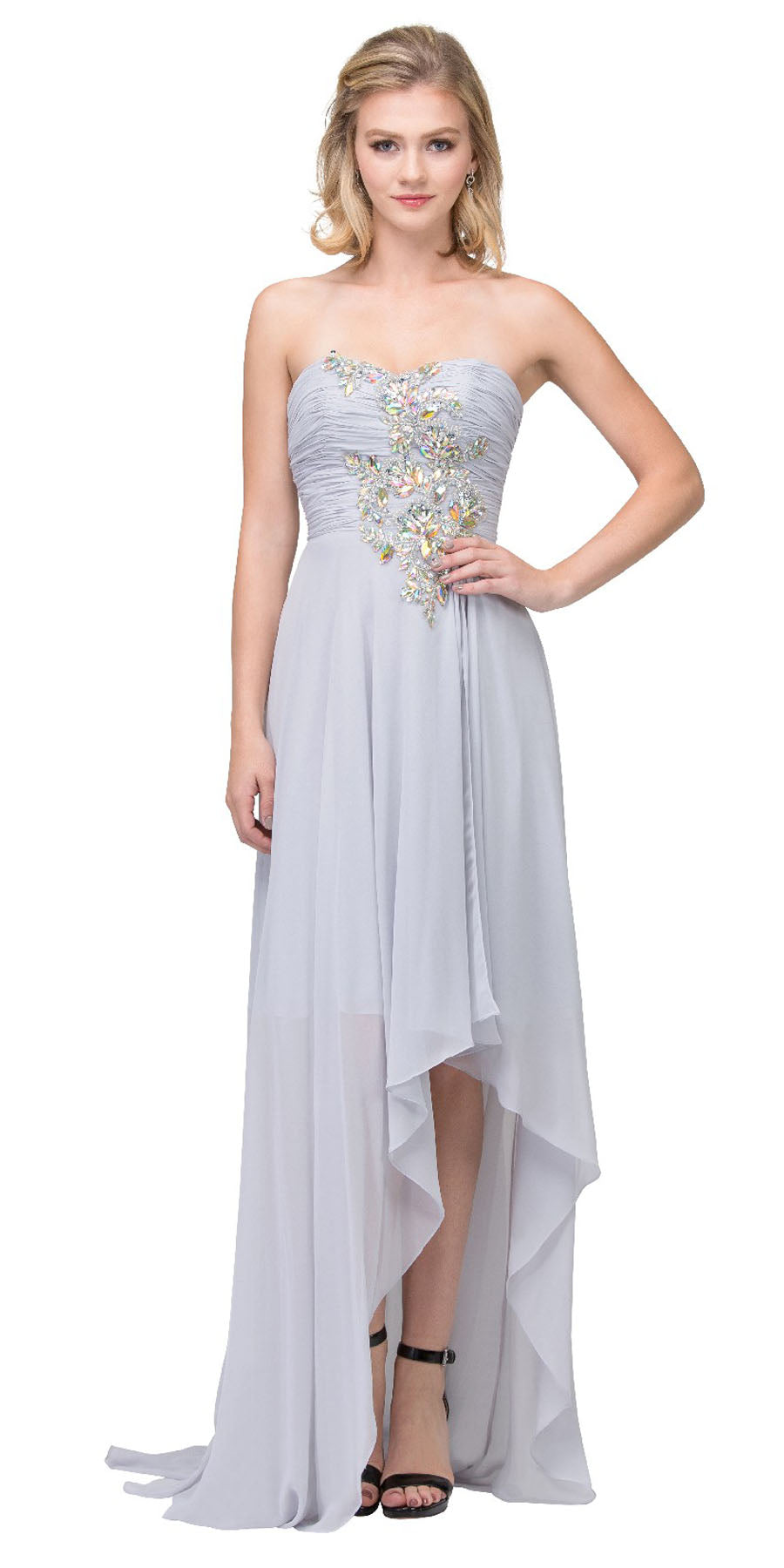 Light blue strapless prom dress with sparkling bodice and flowing high-low hem