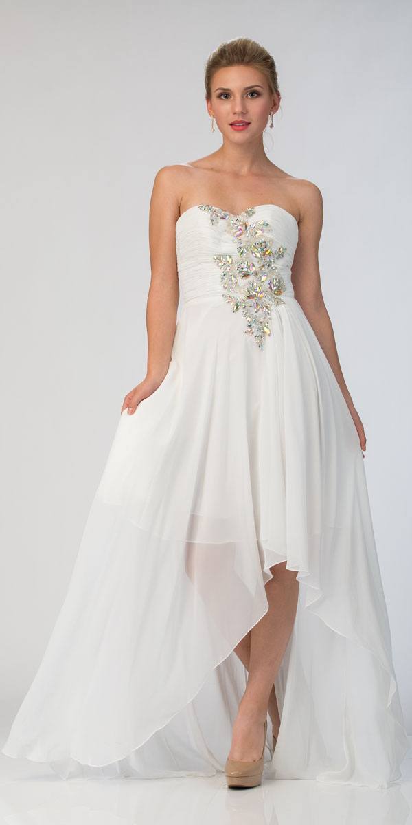Ivory strapless prom dress with embellished bodice and asymmetrical high-low skirt
