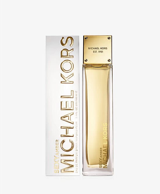 Michael Kors Sexy Amber eau de parfum bottle and packaging, amber gold glass
