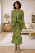 Olive green modest 3-piece outfit with ruffled tunic and fitted skirt