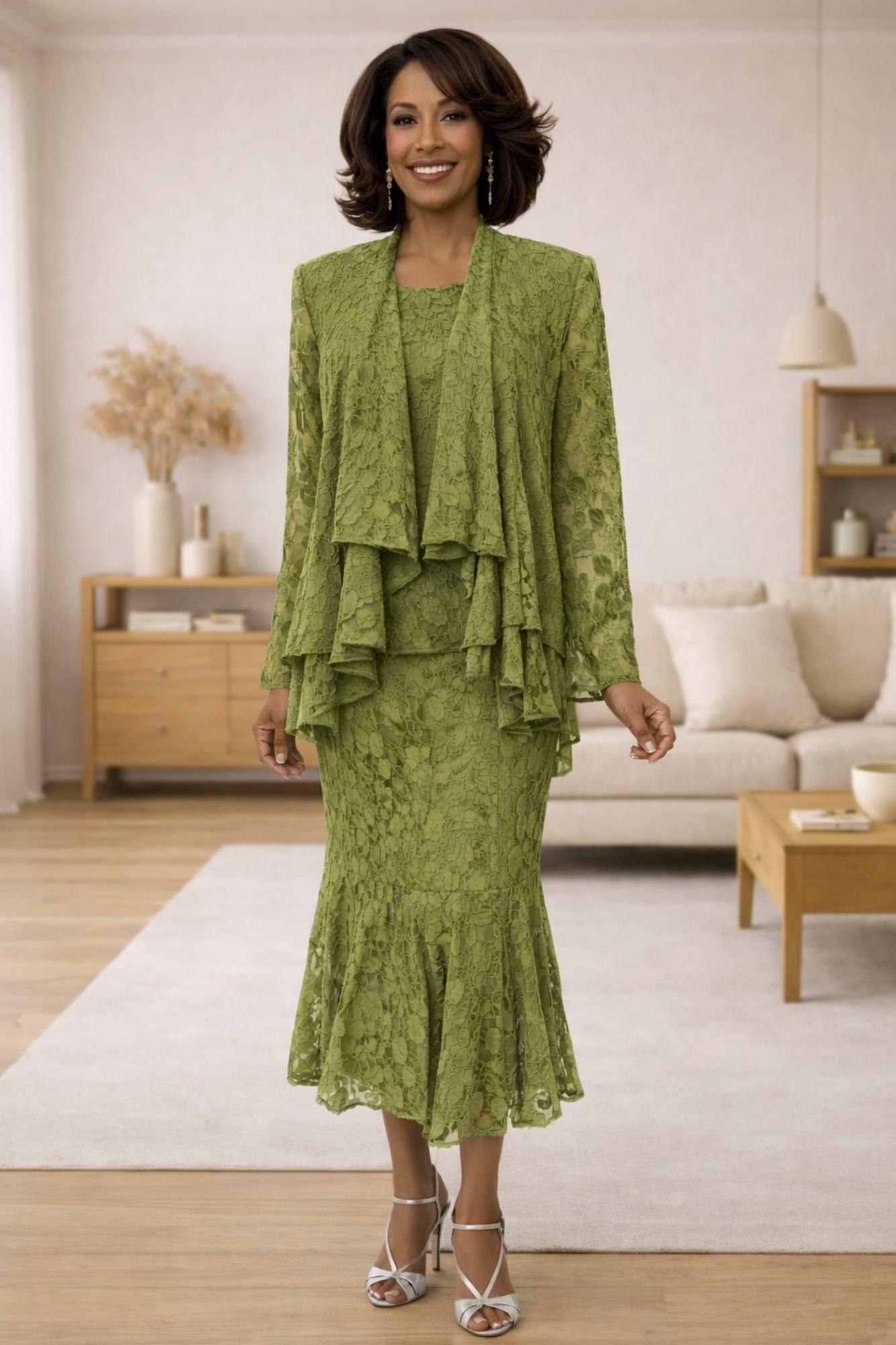 Olive green modest 3-piece outfit with ruffled tunic and fitted skirt
