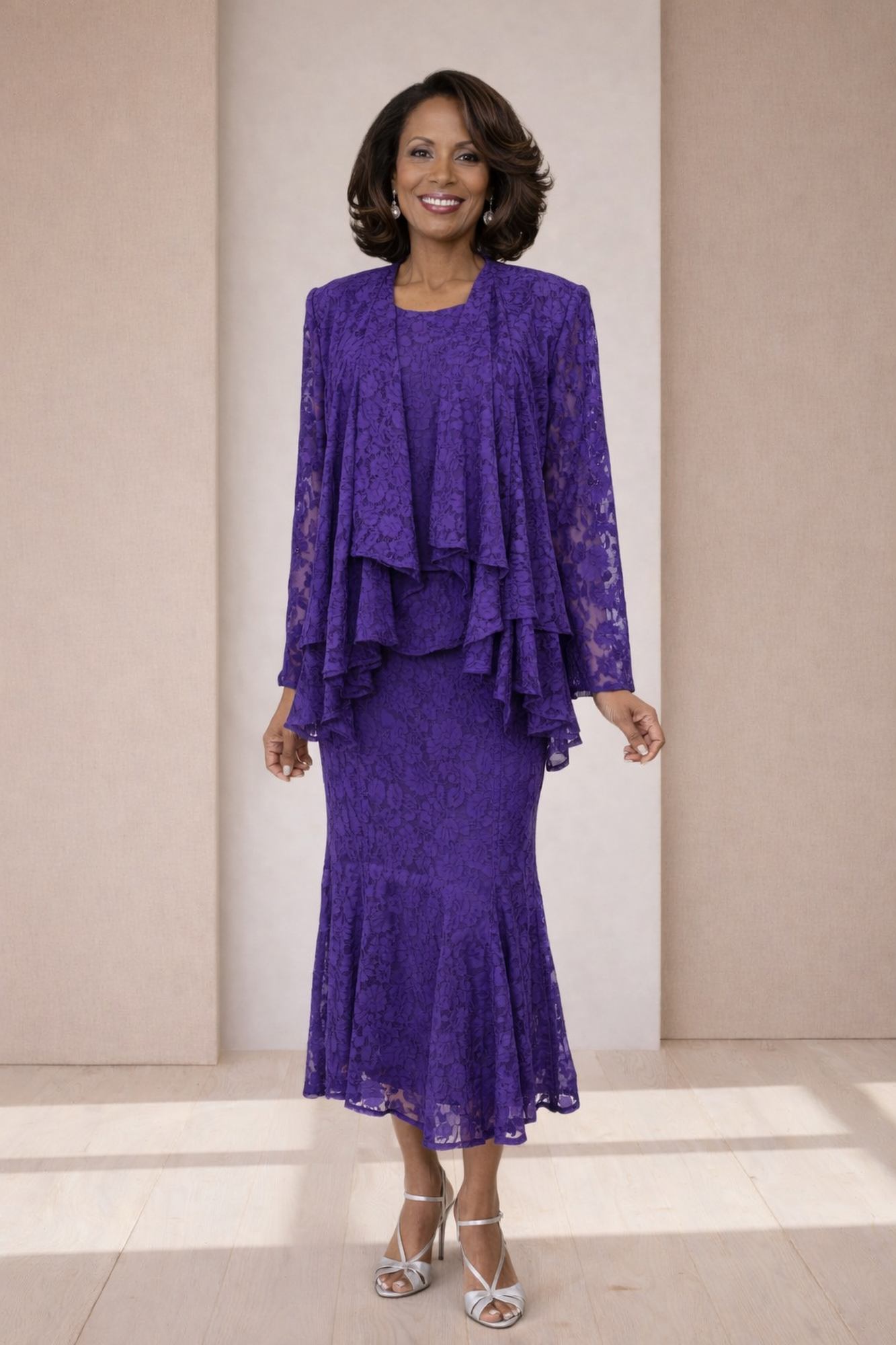 Purple modest 3-piece outfit with layered ruffle tunic and long skirt