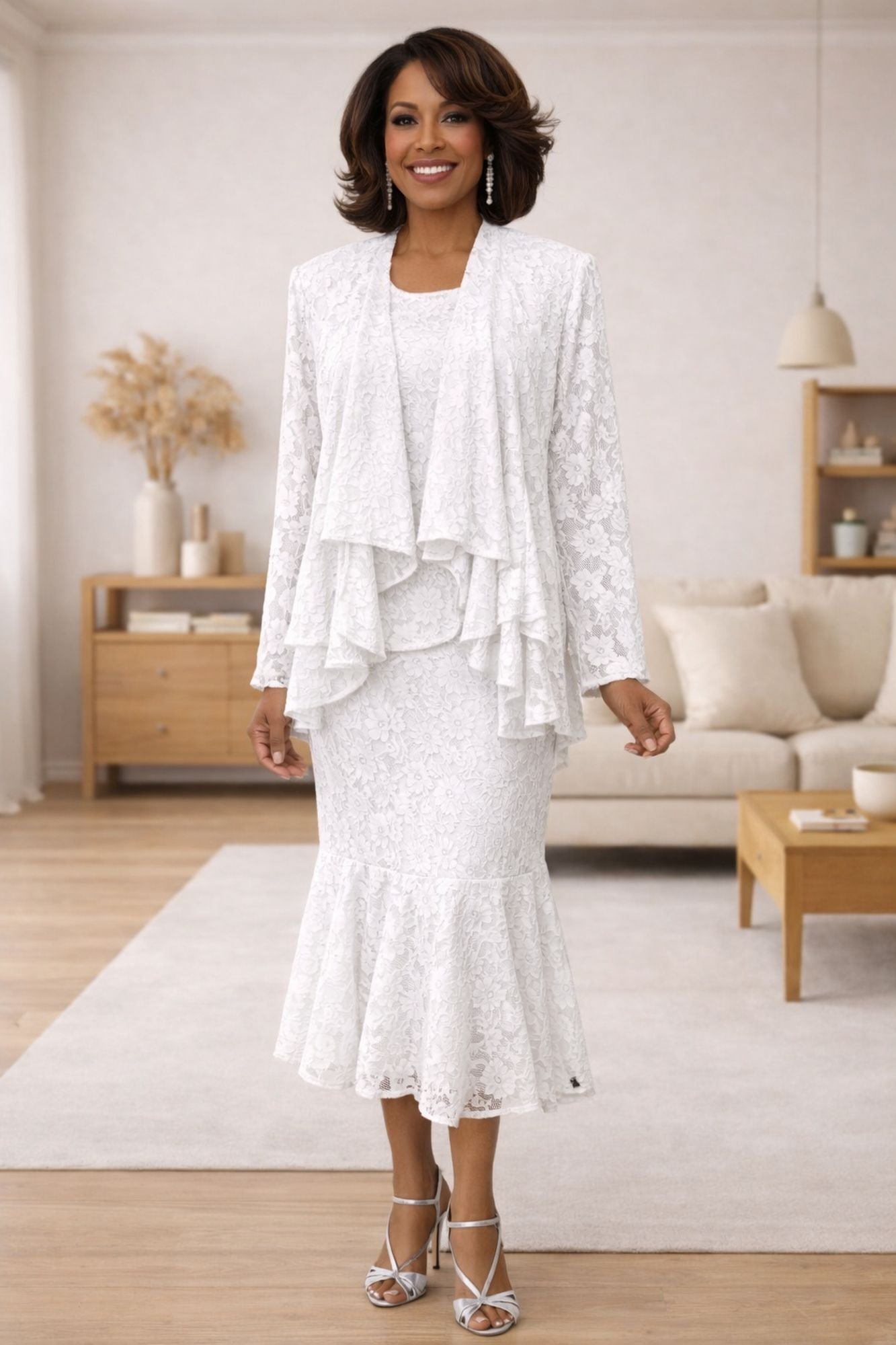 White modest 3-piece outfit with ruffled tunic top and lace long skirt