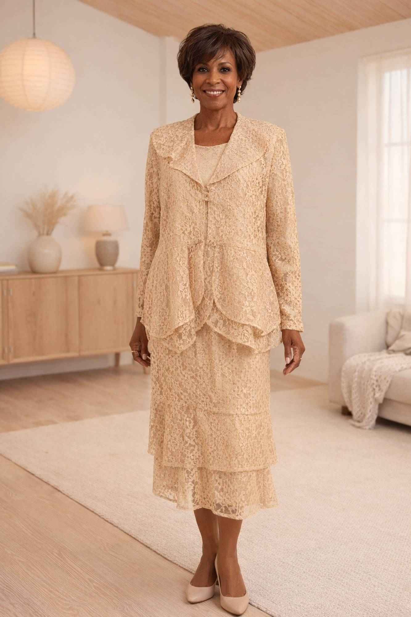 Beige lace modest 3-piece dress set with tiered ankle-length skirt, 3/4 sleeves