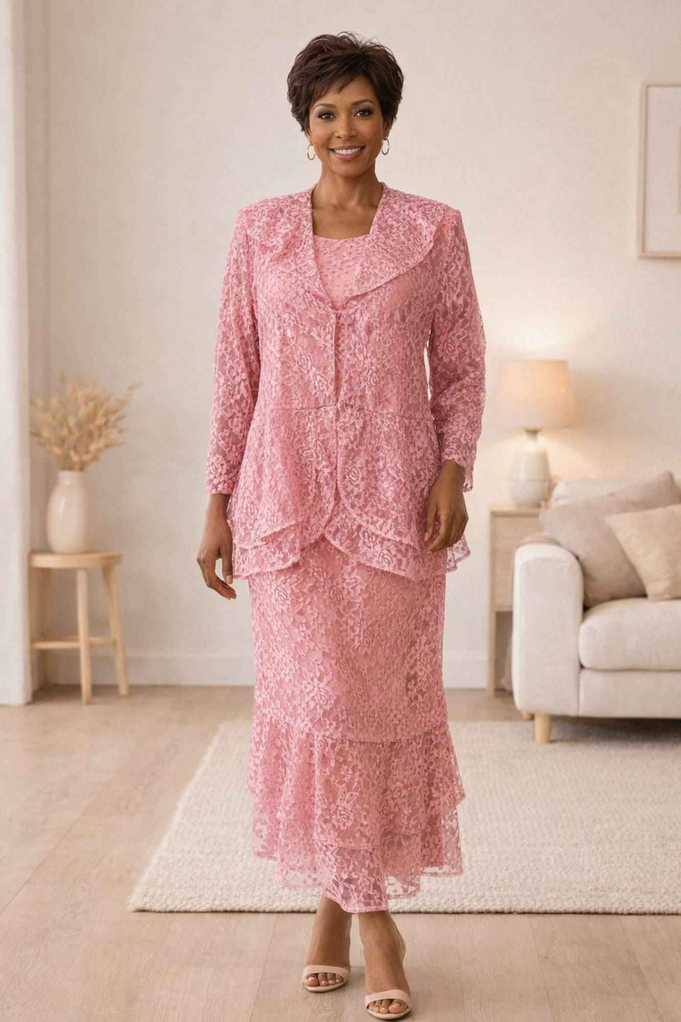 Pink lace modest 3-piece dress set with tiered ankle-length skirt, 3/4 sleeves