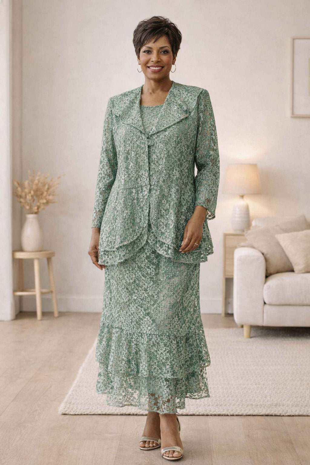 Green lace modest 3-piece dress set with tiered ankle-length skirt, 3/4 sleeves