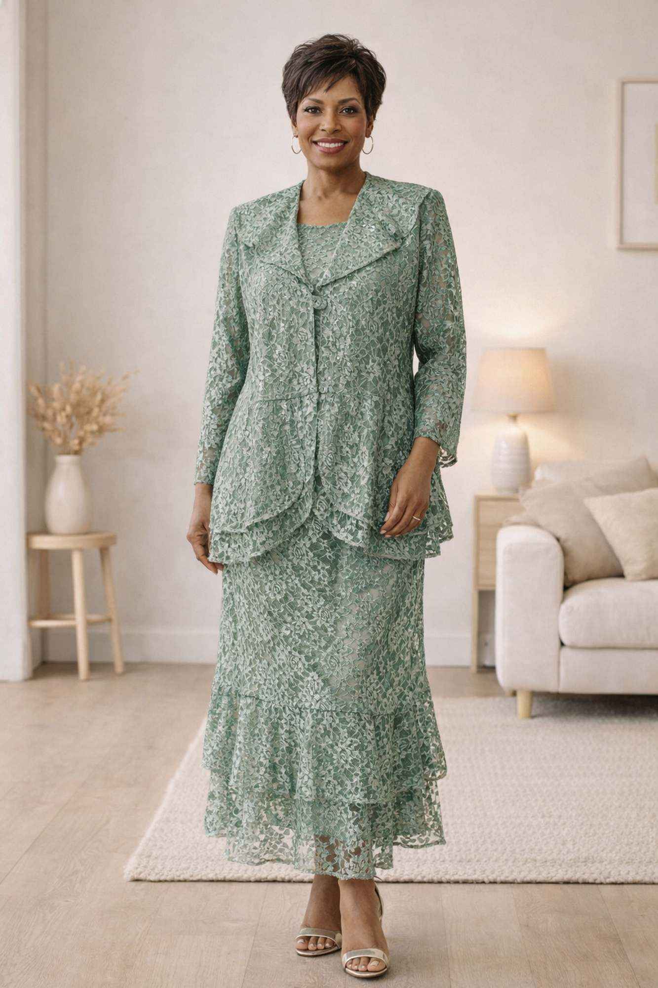 Green lace modest 3-piece dress set with tiered ankle-length skirt, 3/4 sleeves