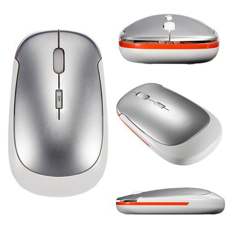 Silver wireless mouse with red accents, angled front and side views