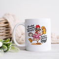 White ceramic mug with handle, featuring a colorful chicken holding a coffee cup graphic