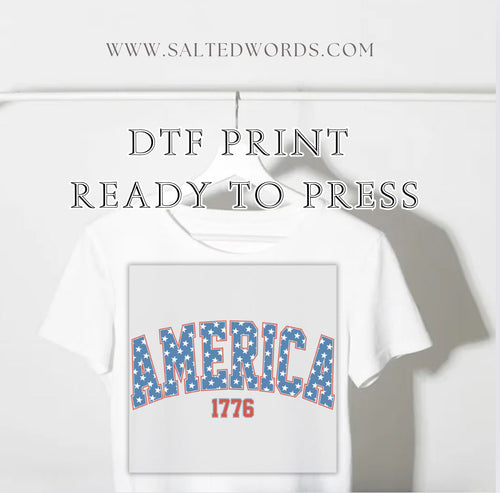 Patriotic America 1776 DTF transfer with red, white, and blue letter design