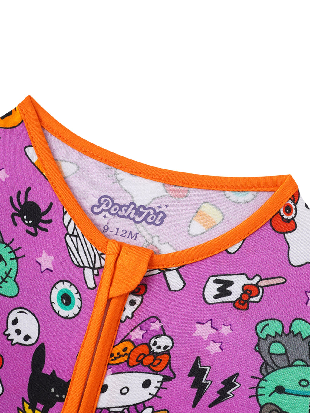Baby romper neckline with purple jersey and orange zipper placket, cartoon face print