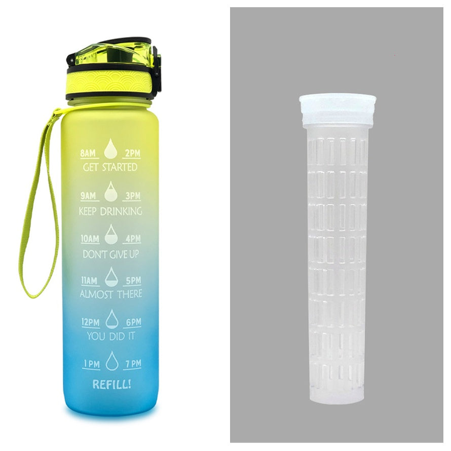 1L gradient Tritan water bottle with time marker, bounce cover lid and wrist strap