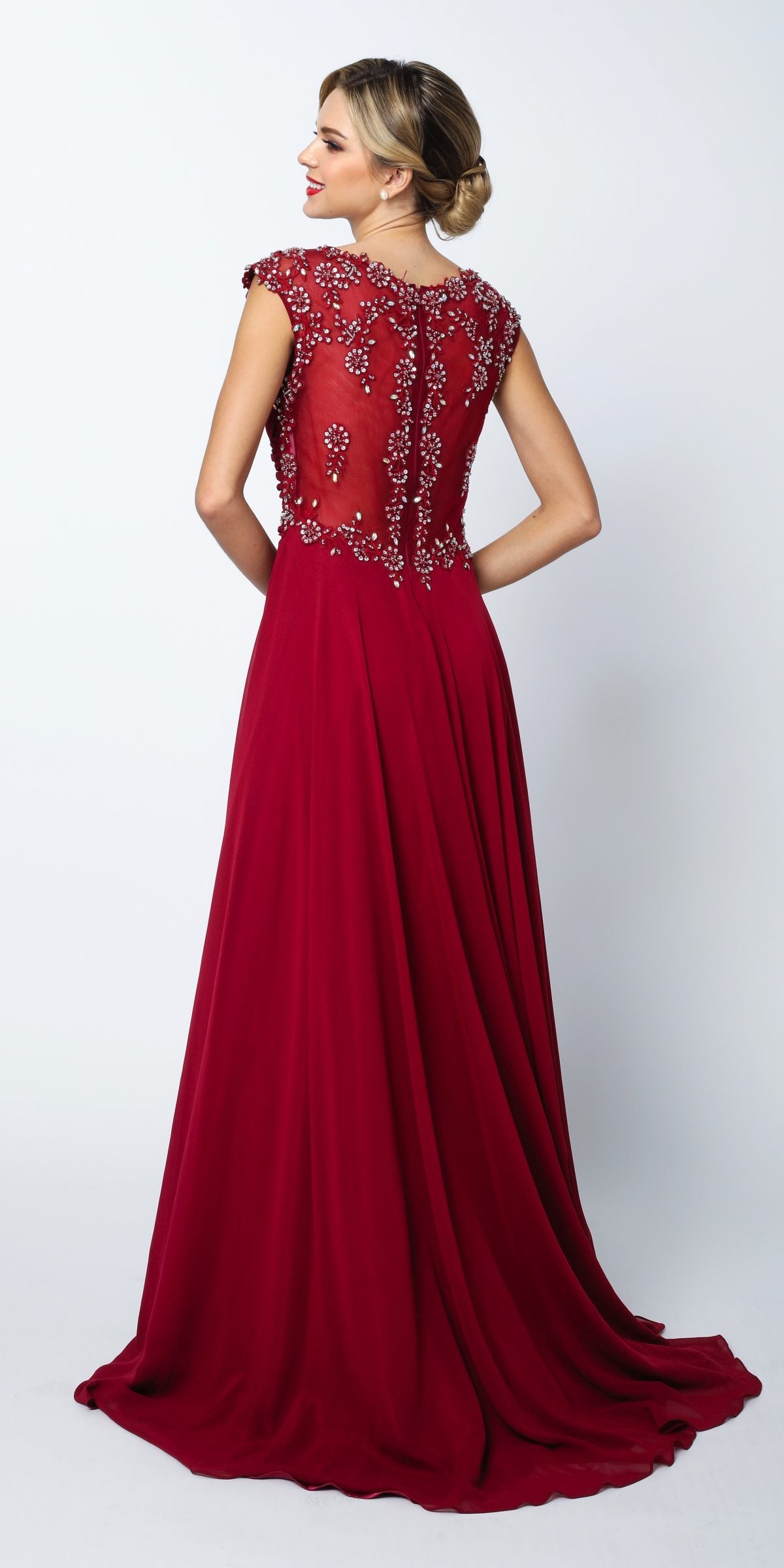 Wine red A-line gown, cap sleeves, sequined lace pattern on back, empire waist, full length
