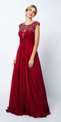 Wine red A-line gown with cap sleeves, sequined bodice, empire waist, full length skirt