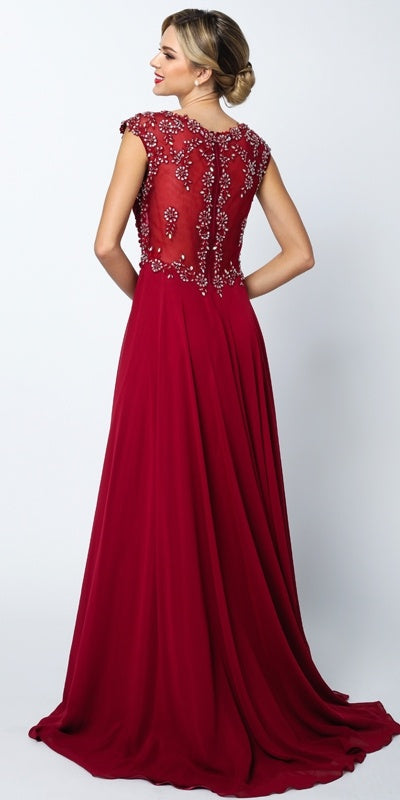 Wine red A-line gown with cap sleeves, empire waist, and beaded lace back