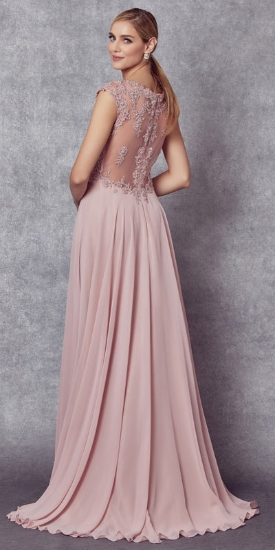 Dusty rose full-length A-line gown with cap sleeves and beaded neckline