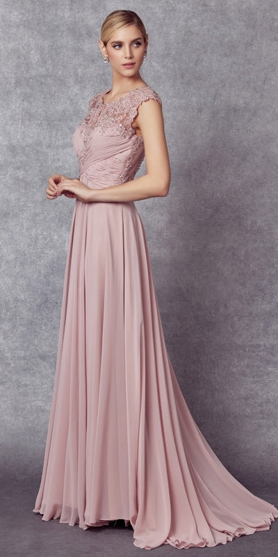 Dusty rose empire-waist A-line gown with cap sleeves and beaded bodice