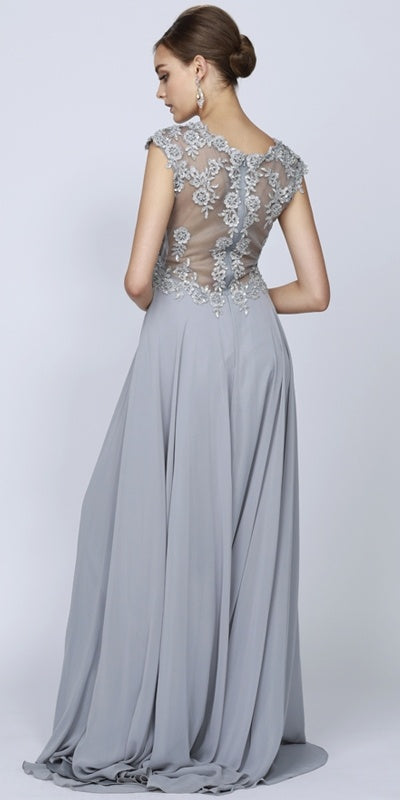 Silver-gray back of A-line gown with cap sleeves, beaded lace details, full length