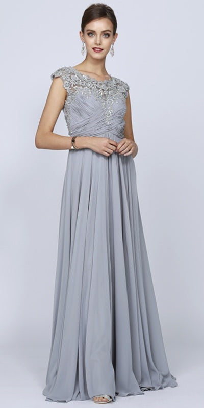 Silver-gray A-line gown with cap sleeves and beaded bodice at empire waist
