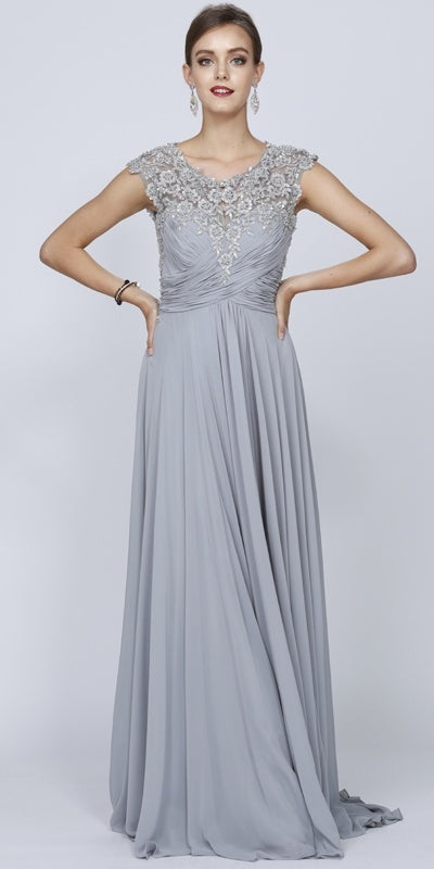 Silver-gray A-line gown with cap sleeves, empire waist, beaded bodice, full-length skirt