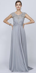 Silver-gray A-line gown with cap sleeves, empire waist, beaded bodice, full-length skirt