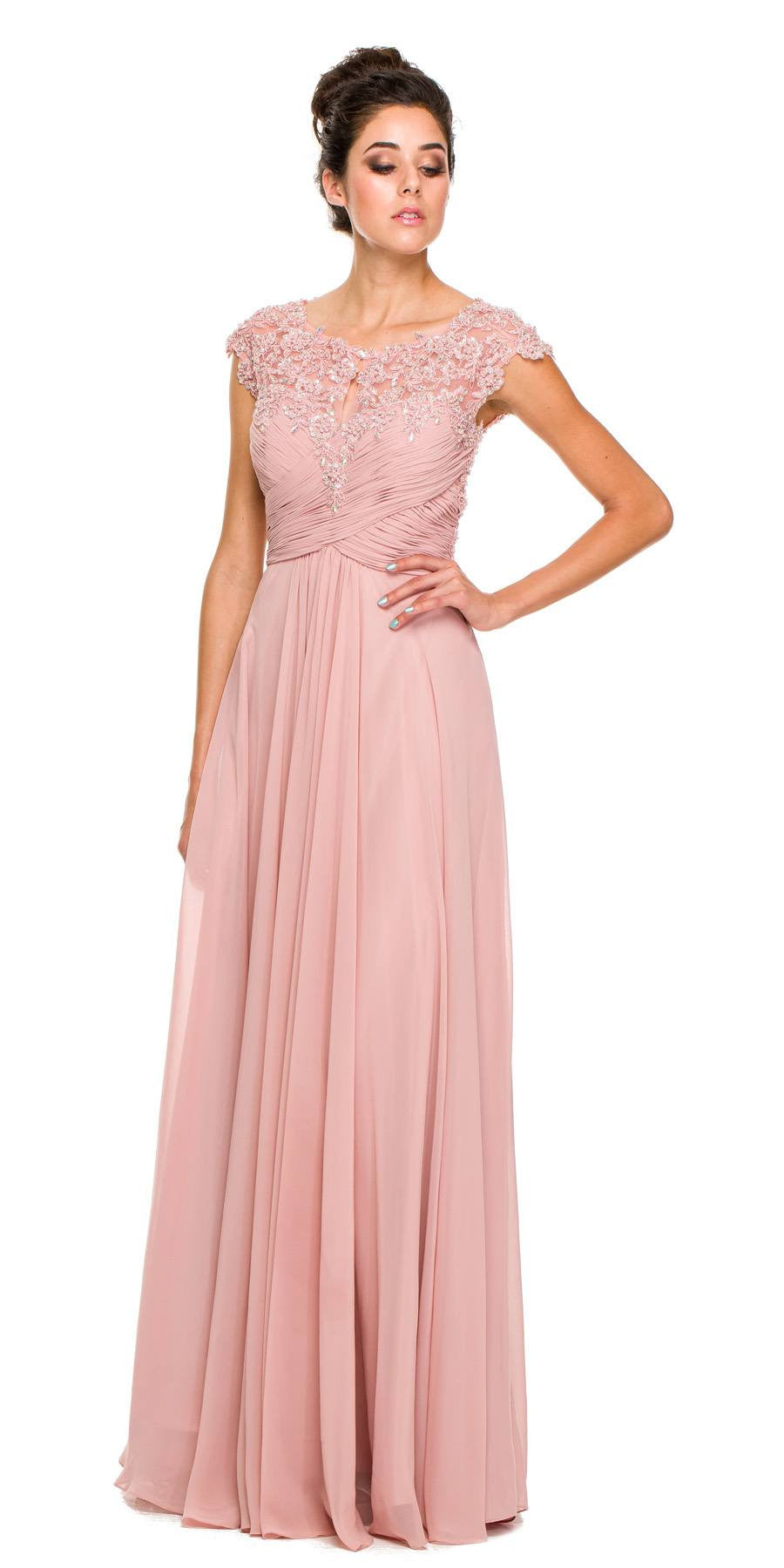 Dusty rose cap-sleeve A-line gown with beaded neckline and empire waist, full length