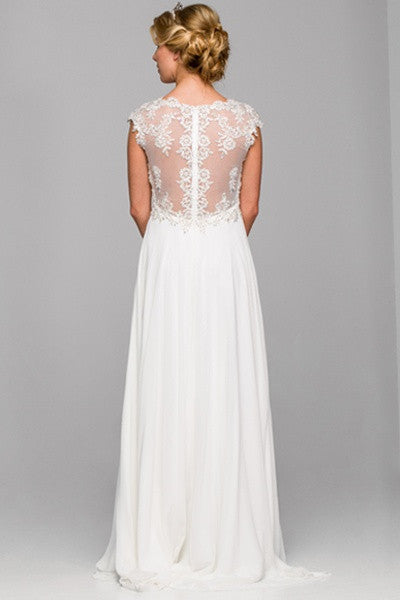 Off-white A-line gown with cap sleeves and lace open back, flowing full skirt