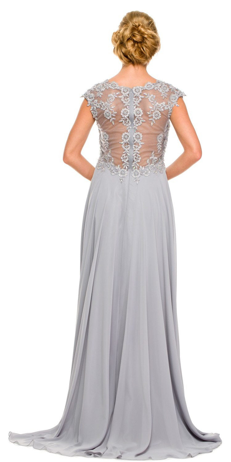 Silver-gray back view of A-line gown with cap sleeves and beaded lace panel