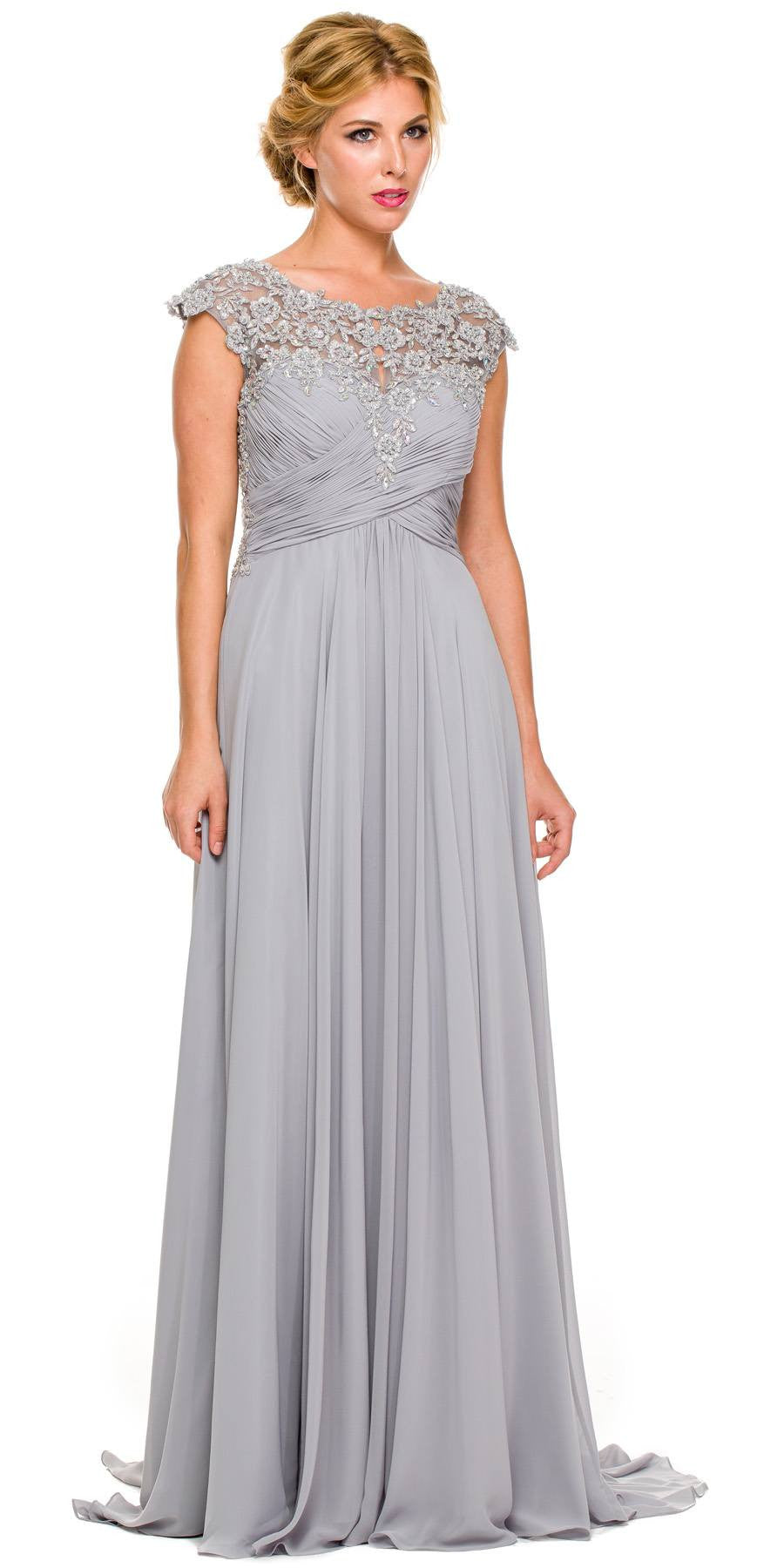 Silver-gray cap-sleeve A-line gown with beaded bodice and empire waist, full length