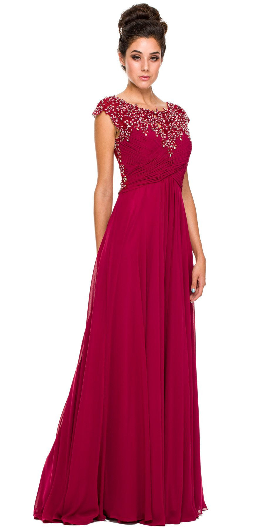 Wine red A-line gown with cap sleeves, beaded bodice, and flowing full skirt