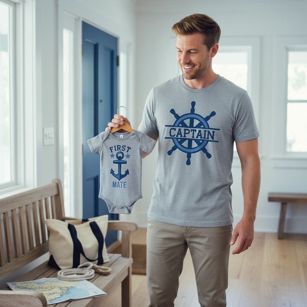Gray Captain T-shirt and First Mate infant bodysuit with blue nautical graphics