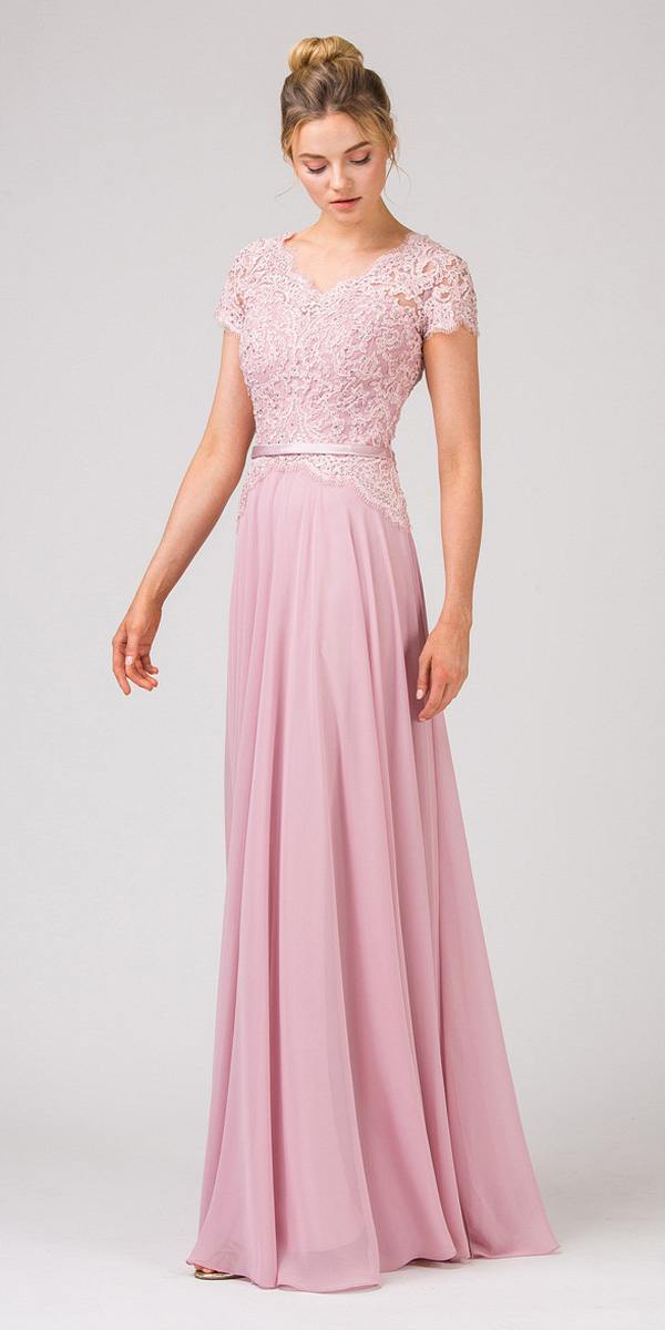 Light pink lace bodice A-line long dress with short sleeves and waist belt