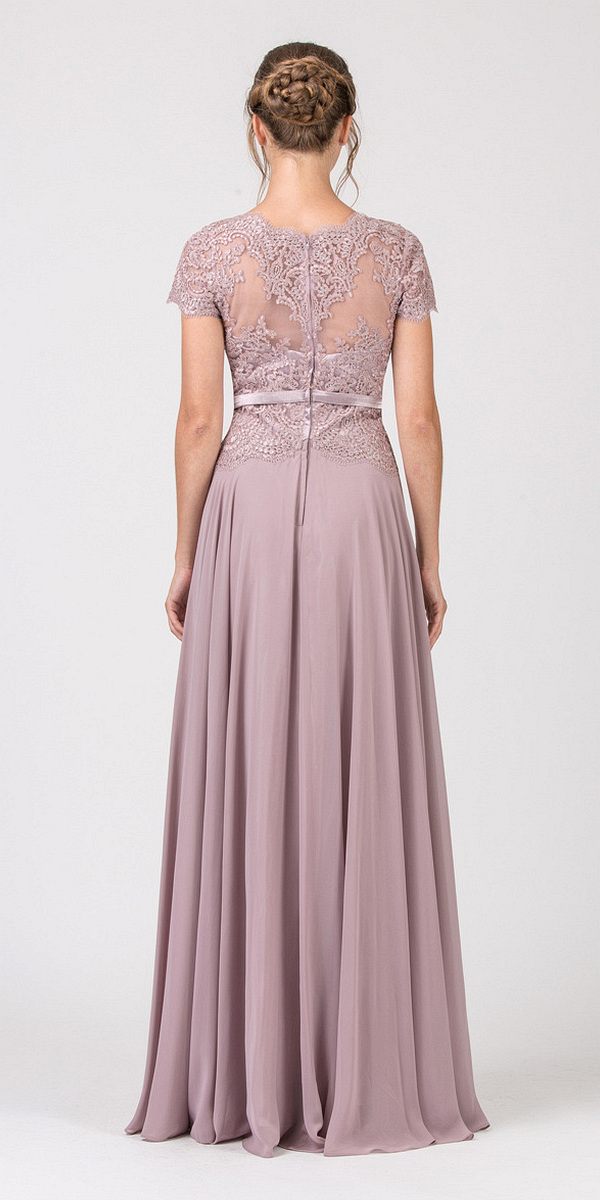 Back view mocha lace bodice A-line long dress, short sleeves, waist belt
